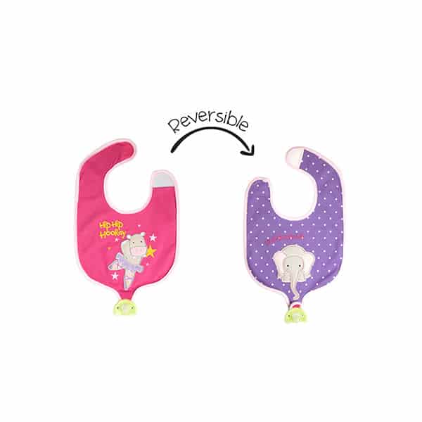 A reversible Bib with pacifier. Bib has hippo on one side and elephant on the other. Color Pink/Purple.