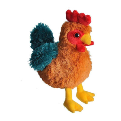 Hug em's plush rooster. He's fuzzy, with a brown body, green/blue wings and tail, and typical rooster features.