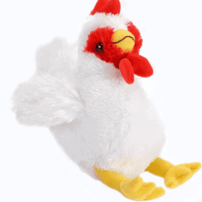 A plush Hug Ems chicken with a red beak and white feathers.