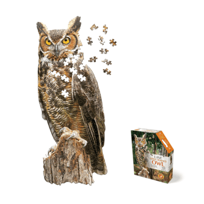 I AM Great Horned Owl Puzzle. Puzzle is shaped like a Great Horned owl on a tree snag.