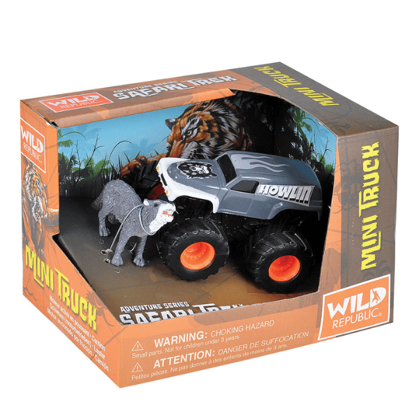 Image of animal print truck toy and small plastic wolf toy from Wild Republic