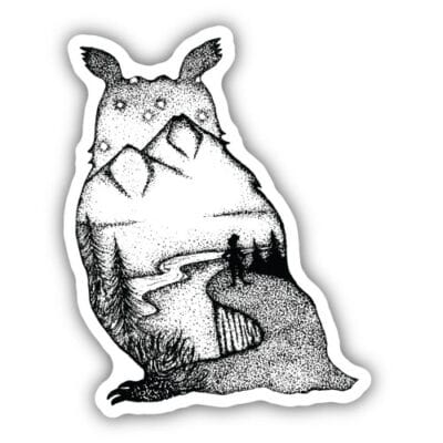 Image of a owl with a nature landscape inside, made by stickers northwest