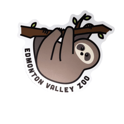 Image of a cartoon sloth hanging on a branch with Edmonton Valley Zoo underneath, made by stickers northwest