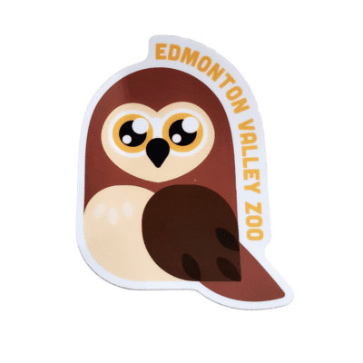 Image of an owl with large sparkling eyes with Edmonton Valley Zoo along the side, made by stickers northwest