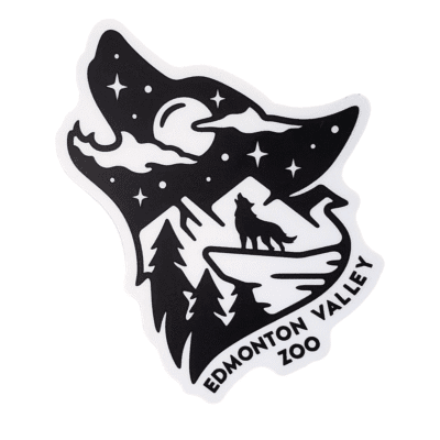 Image of a wolf silhouette howling with a image of another wolf howling on a cliff with Edmonton Valley Zoo below, made by stickers northwest