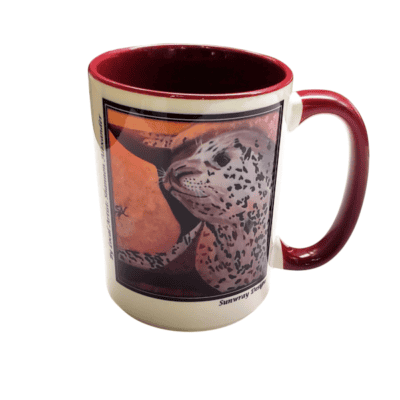 A ceramic mug with dark red handle and interior. Outside of mug is cream with beautiful image of harbour seal by local artist Shannon Alexander of Sunwray Designs