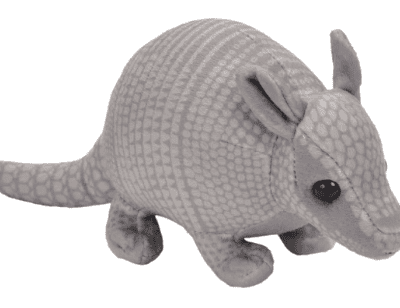 Image of a grey armadillo plush toy.